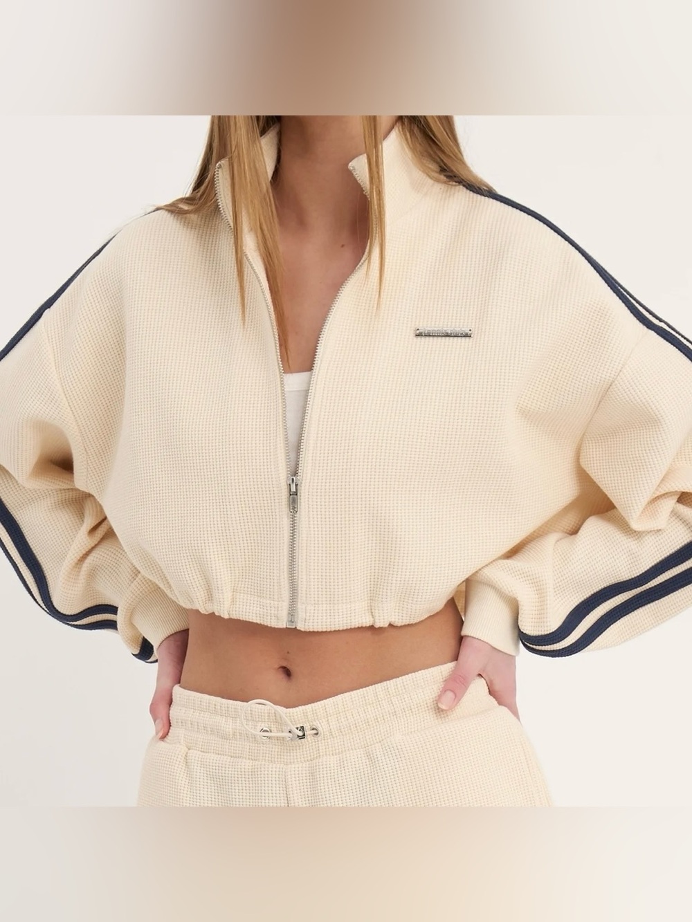 LulusWings Cropped Waffle Knit Zip Up Jacket Cream Stripe Women’s Medium